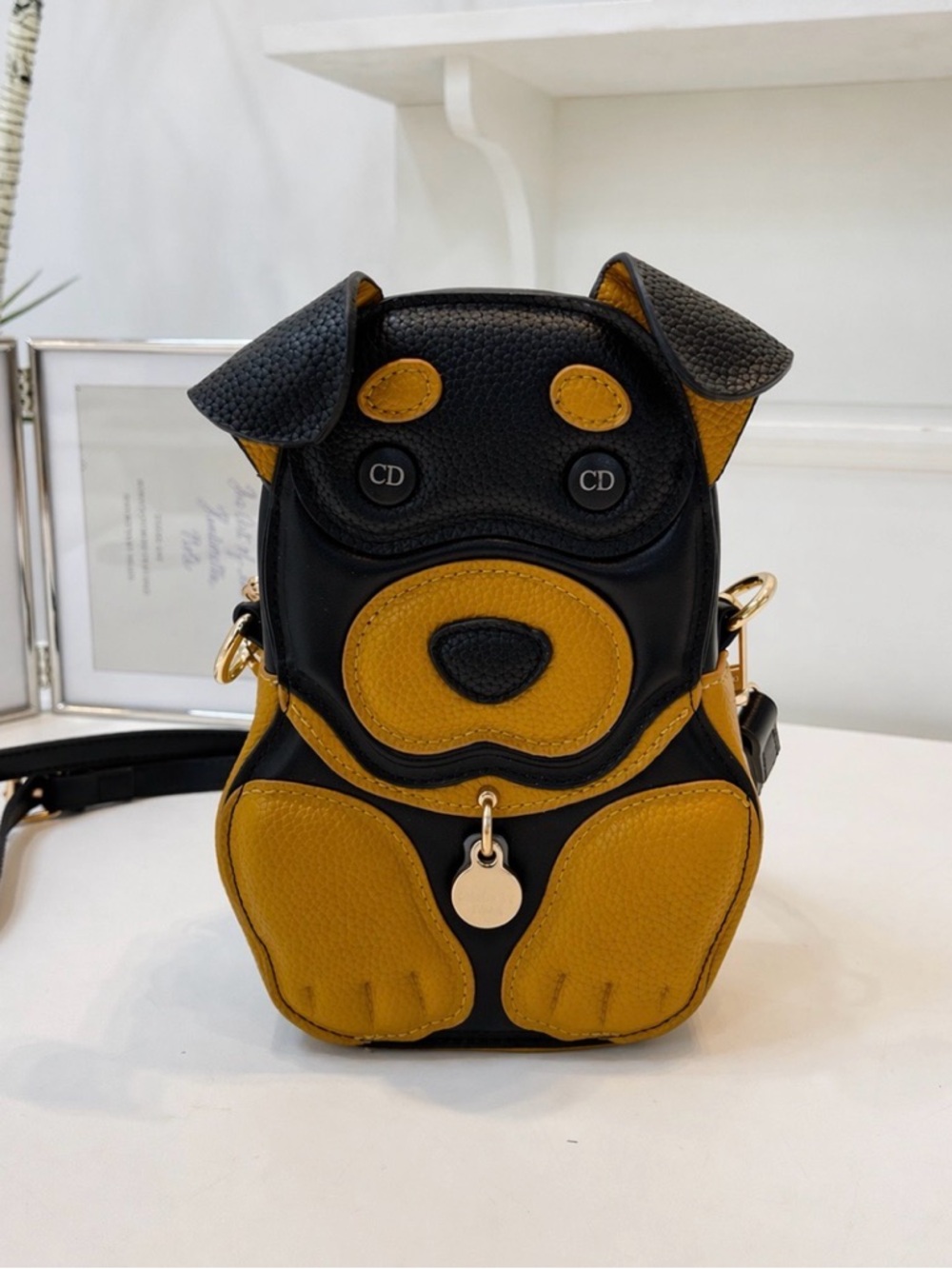 -Inspired Black & Mustard Dog Crossbody Bag